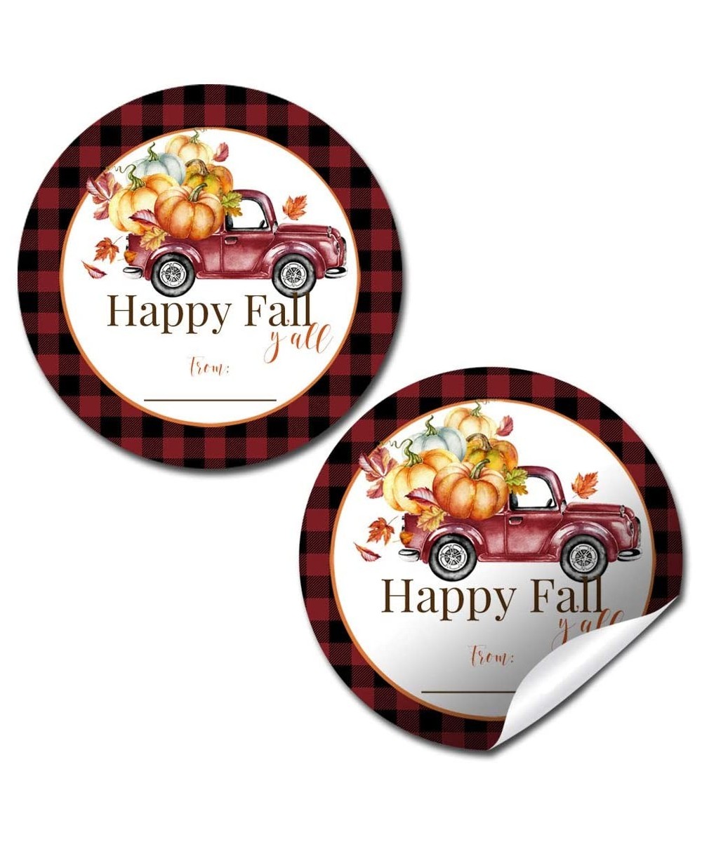 Happy Fall Y'All Red and Black Buffalo Plaid Pickup Truck with Pumpkins Thank You Sticker Labels- 40 2" Party Circle Stickers...