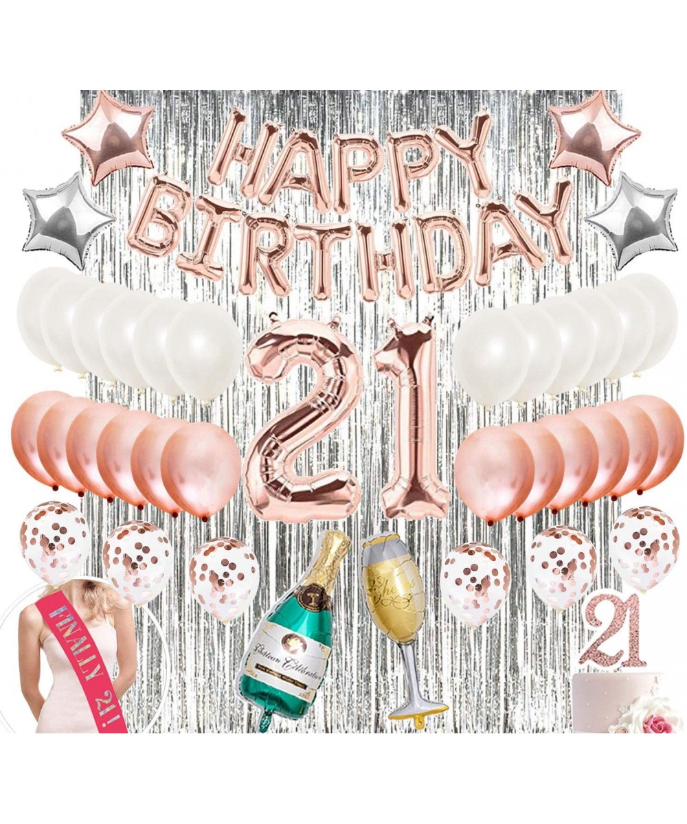 21st Birthday Party Decorations- Pink Finally 21 Sash- Rose Gold Happy Birthday Banner- Champagne Balloons- 21 Cake Topper- S...