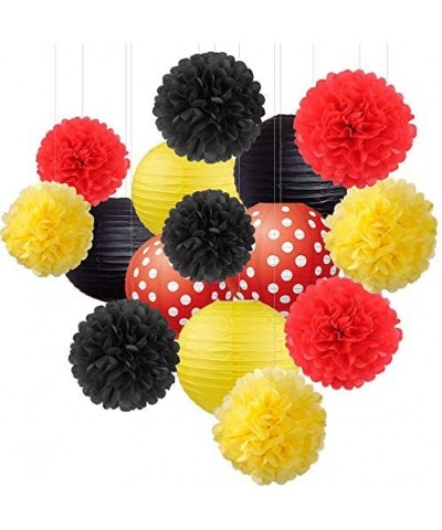 15pcs Red Polka Dot Yellow Black Paper Flowers Pom Poms Balls and Paper Lanterns for Hanging Party Decorations Set- Theme Bab...