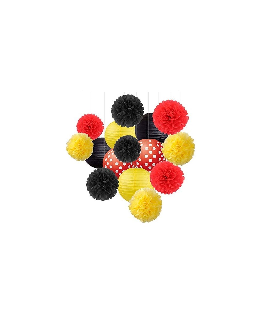 15pcs Red Polka Dot Yellow Black Paper Flowers Pom Poms Balls and Paper Lanterns for Hanging Party Decorations Set- Theme Bab...