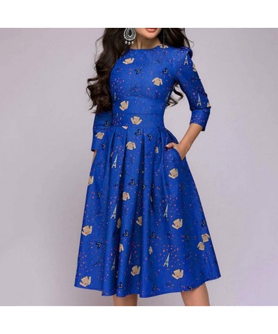 Womens Dresses for Work-Women's Vintage Short Sleeve Patchwork Pockets Puffy Swing Casual Party Dress - Z4-blue - C71992QSSAI...