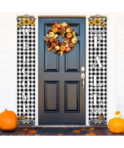 Happy Fall Y'all Porch Banner-Black and White Buffalo Check Plaid- Welcome Fall Theme Party Thanksgiving Front Door Sign Deco...