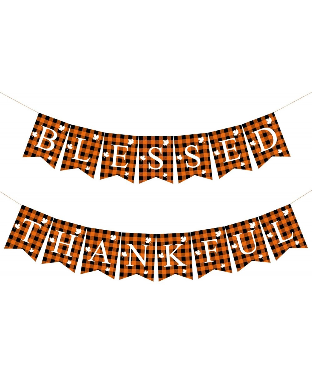 2 Pieces Blessed Banner Thankful Banner Buffalo Check Plaid Banner with Maple Leaves Pattern for Thanksgiving Party Fireplace...