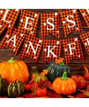 2 Pieces Blessed Banner Thankful Banner Buffalo Check Plaid Banner with Maple Leaves Pattern for Thanksgiving Party Fireplace...