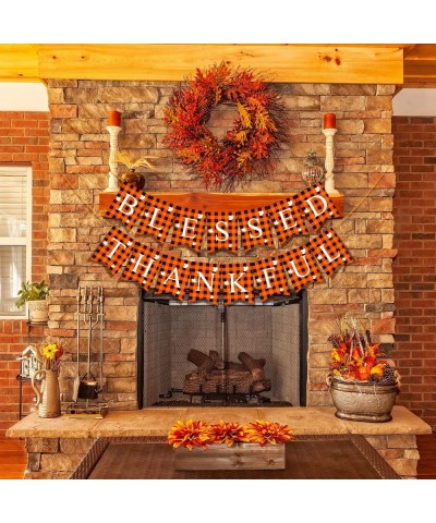 2 Pieces Blessed Banner Thankful Banner Buffalo Check Plaid Banner with Maple Leaves Pattern for Thanksgiving Party Fireplace...