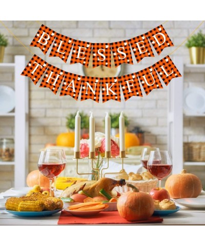 2 Pieces Blessed Banner Thankful Banner Buffalo Check Plaid Banner with Maple Leaves Pattern for Thanksgiving Party Fireplace...