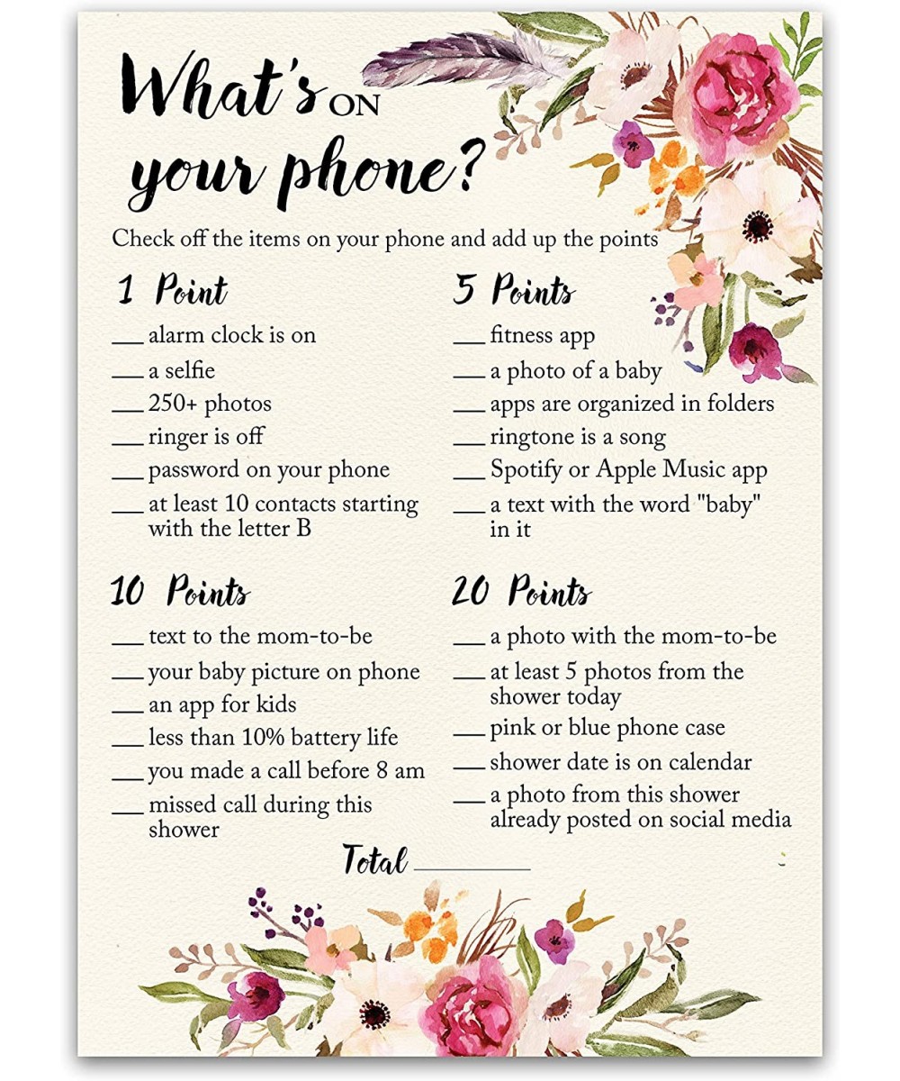 BOHO Baby Shower Game WHAT'S ON YOUR PHONE Baby Shower Game - Pack of 25 - GIRL Baby Shower Games Bohemian Pink Floral- Baby ...