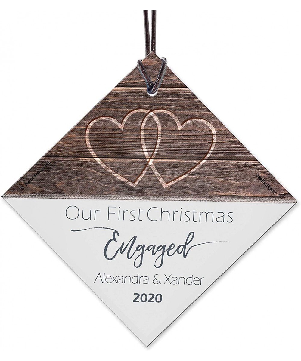 First Christmas Engaged Fused Glass Ornament - Personalized Rustic Double Hearts Farmhouse - Christmas Tree Date Display 3.5"...