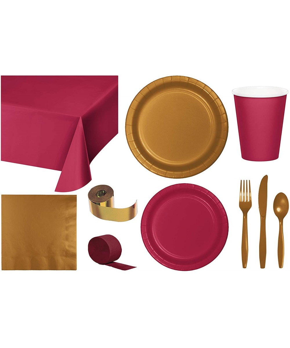 Party Bundle Bulk- Tableware for 24 People Burgundy and Gold- 2 Size Plates Napkins- Paper Cups Tablecovers and Cutlery- Box ...