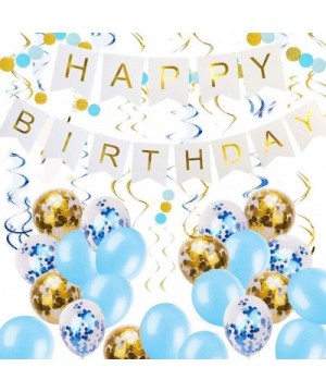 Birthday Decorations Blue and Gold for men-Happy Birthday Banner White- Blue Balloons and Gold Confetti Balloons Hanging Swir...
