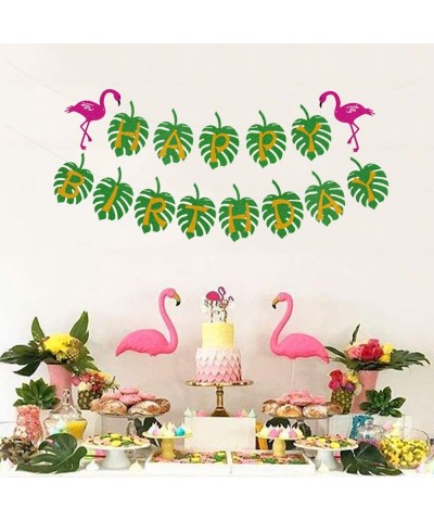 Hawaiian Flamingo Party Happy Birthday Banner for Tropical Luau Party Palm Leaf Decorations - CH18EWY6M8R $6.71 Banners & Gar...