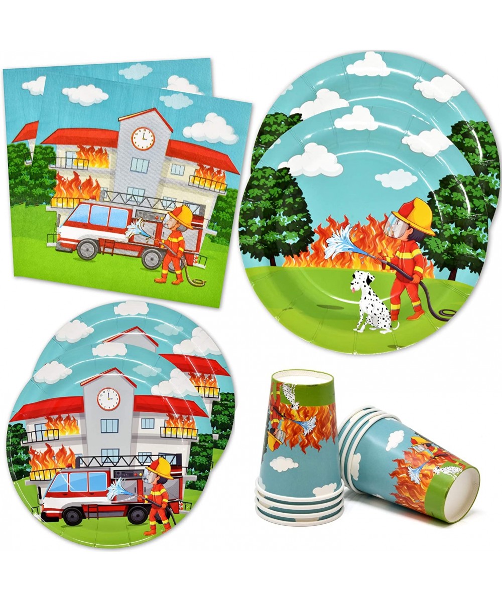 Fire Truck Firefighter Party Supplies Tableware Set 24 9" Paper Plates 24 7" Plate 24 9 Oz Cup 50 Lunch Napkin for Fireman Re...