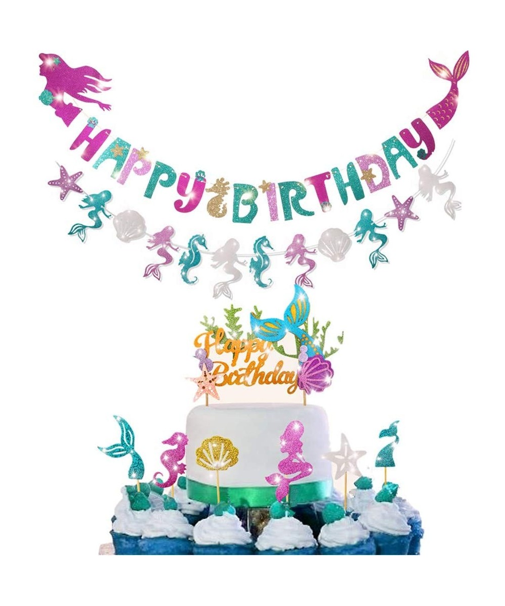 Mermaid Party Decoration - Glitter Mermaid Shape Birthday Banner+Mermaid Seashell Banner -1 Pcs Mermaid Happy Birthday Cake T...