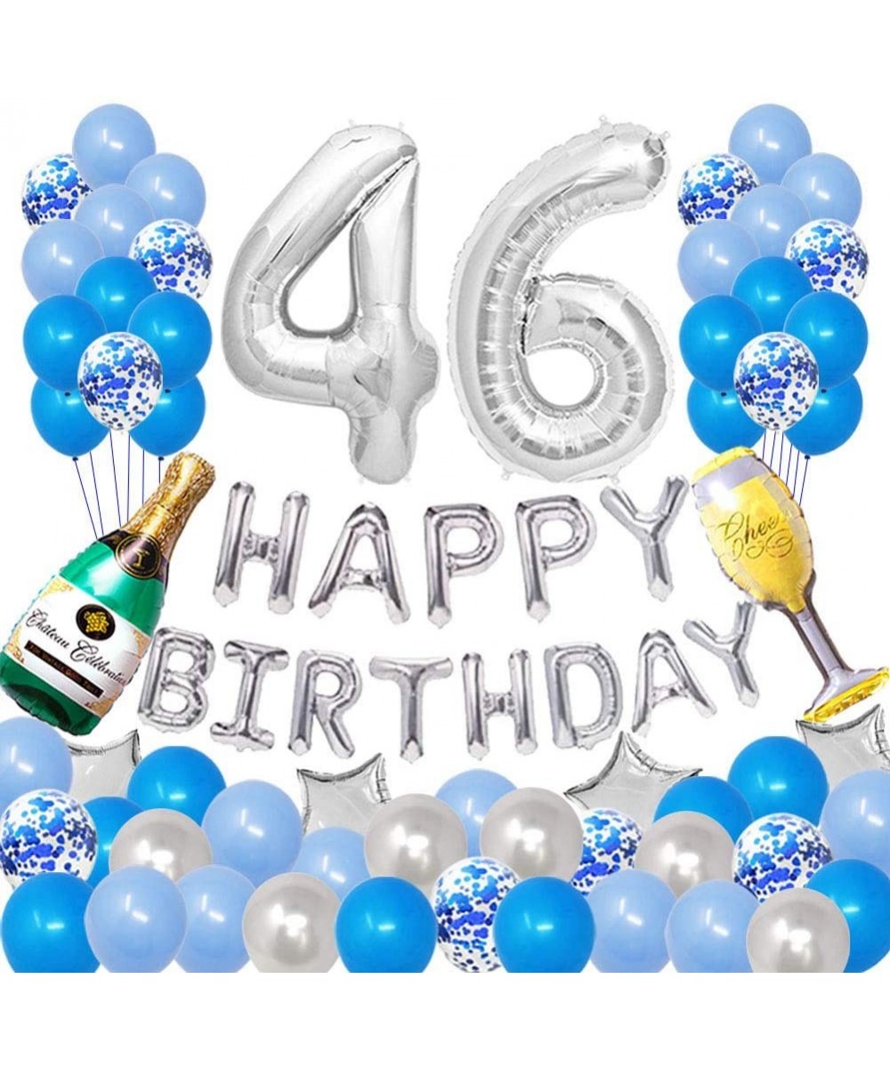 Happy 46TH Birthday Party Decorations Pack-Blue Silver Theme- Happy Birthday Banner Foil Number 46 12inch Silver Confetti Bal...