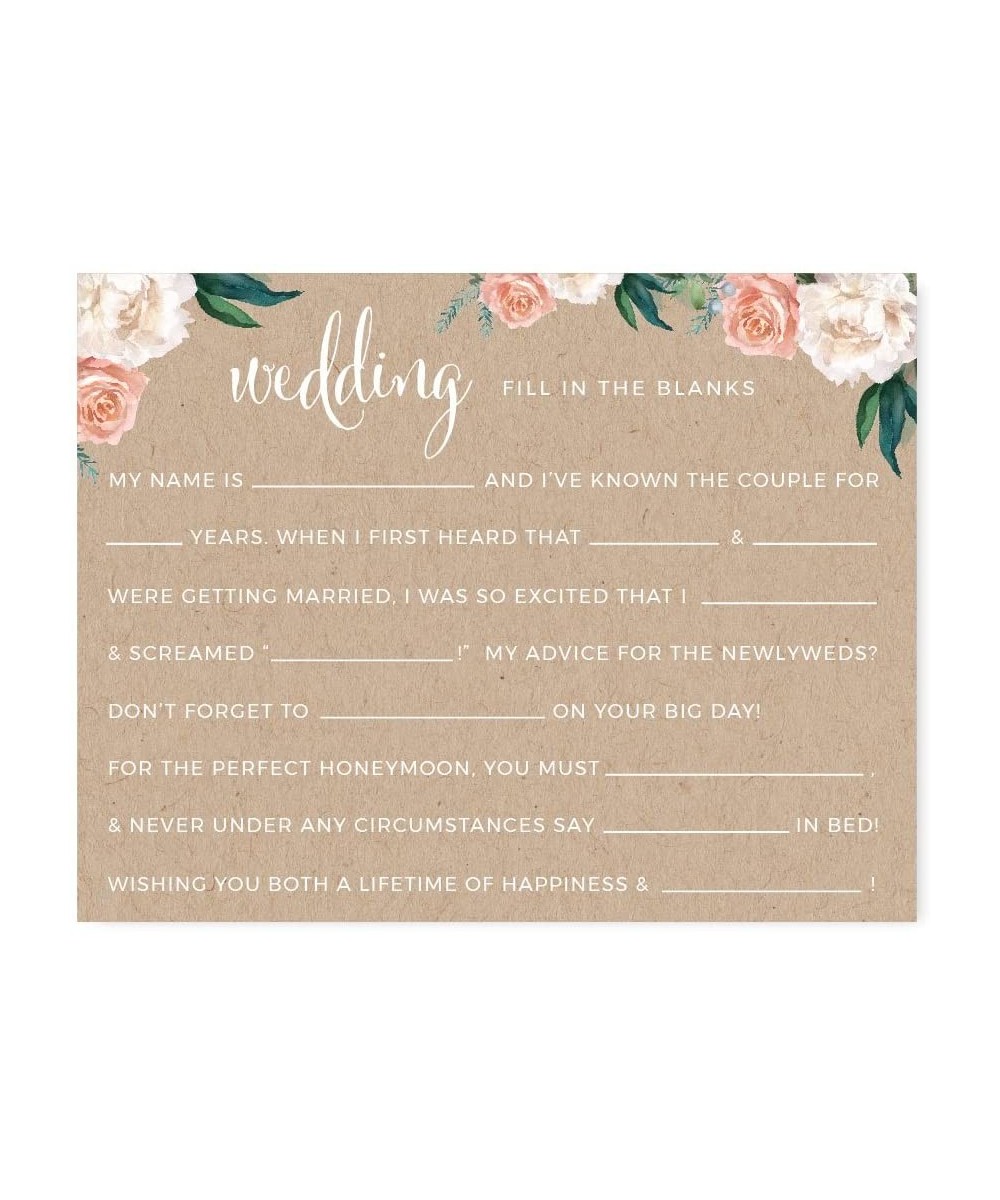 Peach Coral Kraft Brown Rustic Floral Garden Party Wedding Collection- Wedding Reception Fill in The Blanks Game Cards- 20-Pa...