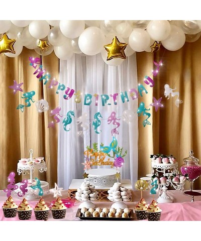 Mermaid Party Decoration - Glitter Mermaid Shape Birthday Banner+Mermaid Seashell Banner -1 Pcs Mermaid Happy Birthday Cake T...