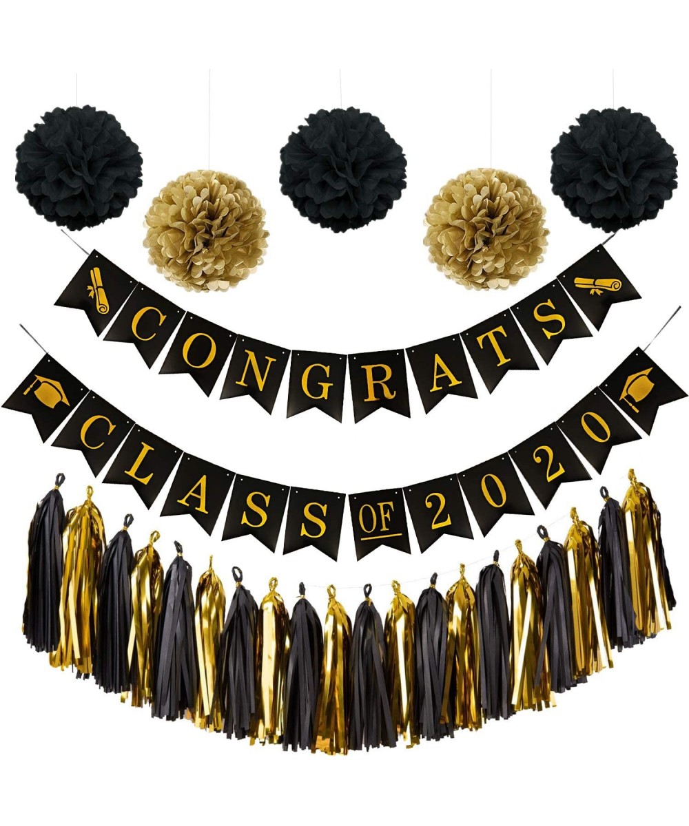 2020 Graduation Party Decorations- Congrats Class of 2020 Banner- Black & Gold Graduation Party Supplies with 5 Pom Poms Flow...