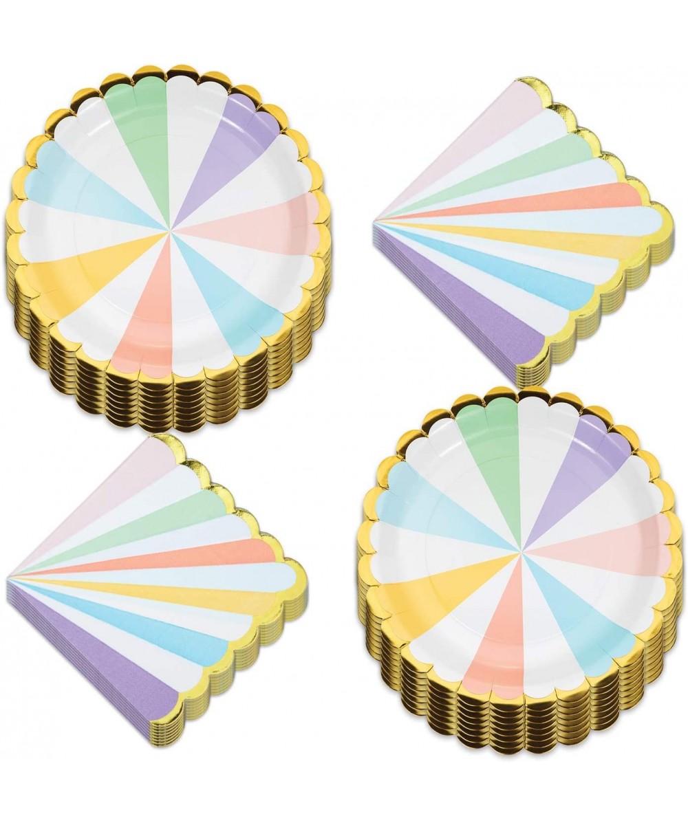 Deluxe Gold Trimmed Pastel Rainbow Scalloped Paper Dinner Plates and Luncheon Napkins for Ice Cream & Candy Theme Party (Serv...