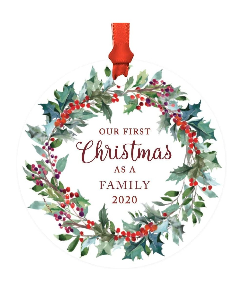 Custom Year Adoption Family Metal Christmas Ornament- Our First Christmas as a Family 2020- Red Holiday Wreath- 1-Pack- Inclu...