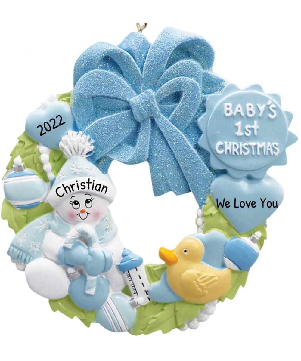 Personalized Baby's 1st Christmas Wreath Tree Ornament 2020 - Snowman Blue Glitter Hat Hold Candy-Cane Toy Heart Boy's Love N...