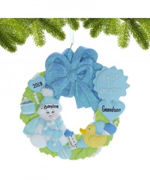 Personalized Baby's 1st Christmas Wreath Tree Ornament 2020 - Snowman Blue Glitter Hat Hold Candy-Cane Toy Heart Boy's Love N...