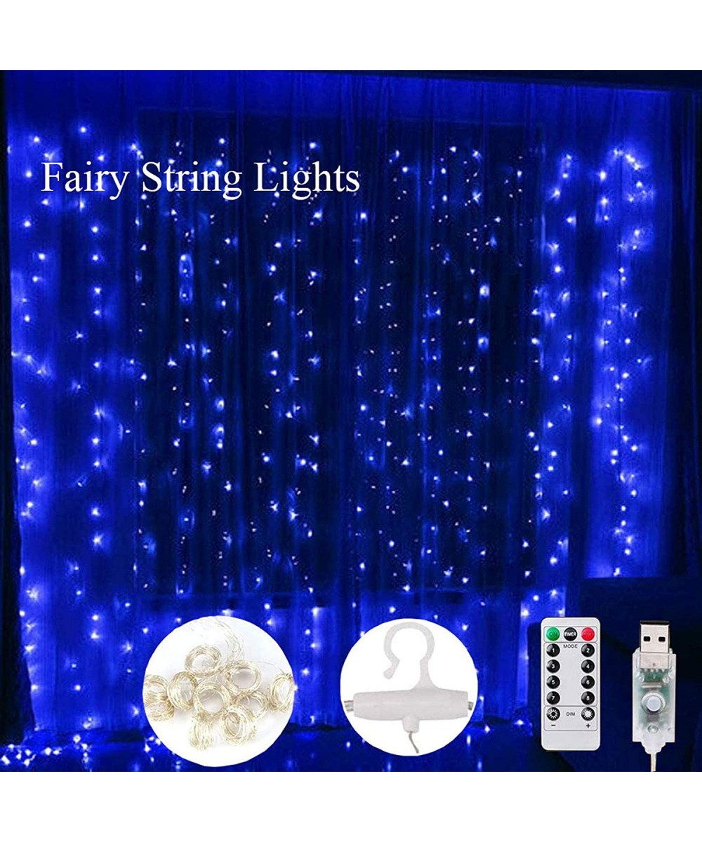 300 LED Blue Curtain Lights- USB Plug in-9.8 x 9.8 ft 8 Modes Fairy String Lights for Christmas Wedding Party Home Garden Bed...