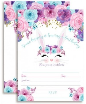 Bunny Face with Pink Blue and Purple Watercolor Flowers Easter Birthday Party Invitations for Girls- 20 5"x7" Fill in Cards w...