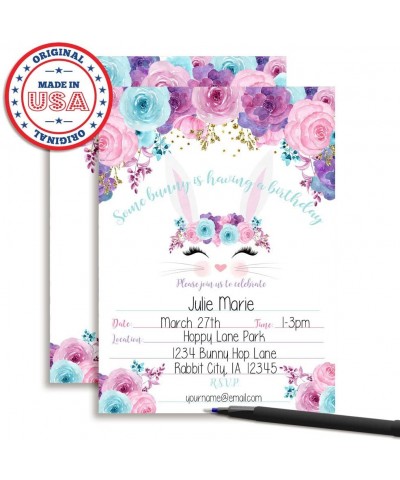 Bunny Face with Pink Blue and Purple Watercolor Flowers Easter Birthday Party Invitations for Girls- 20 5"x7" Fill in Cards w...