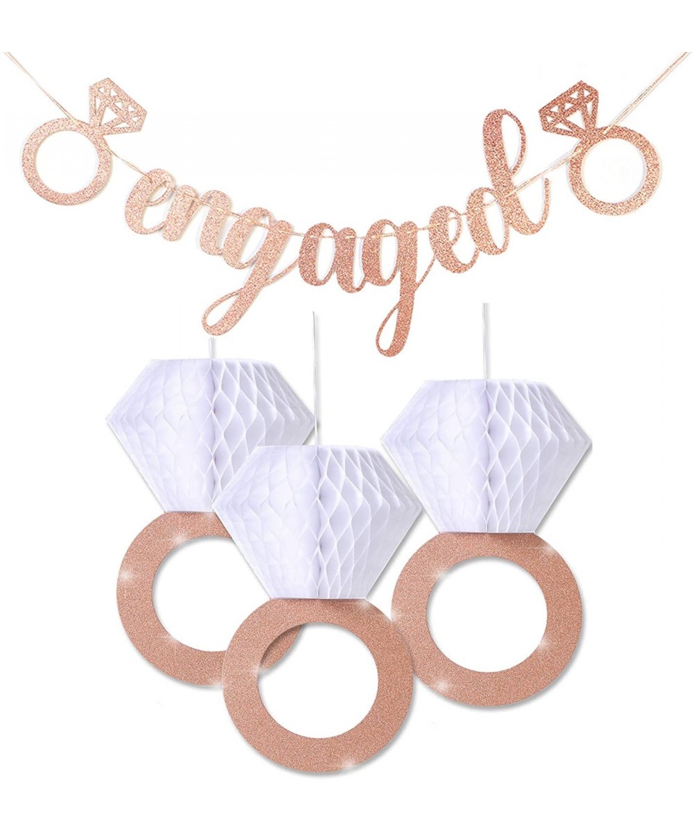 Engagement Party Decorations- Bridal Shower Supplies- Honeycomb Ring Hanging Decorations- Rose Gold Glitter Diamond Rings (3p...