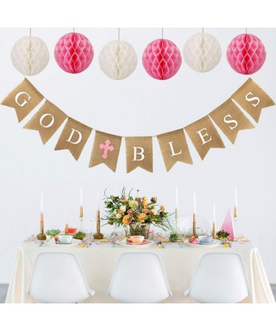 Baptism Banner For Girls with 6pcs Paper Honeycomb- Baptism Banner- Communion Party Baptism Decorations for Baby Shower- Firs...