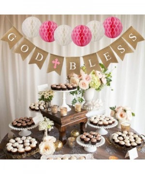 Baptism Banner For Girls with 6pcs Paper Honeycomb- Baptism Banner- Communion Party Baptism Decorations for Baby Shower- Firs...