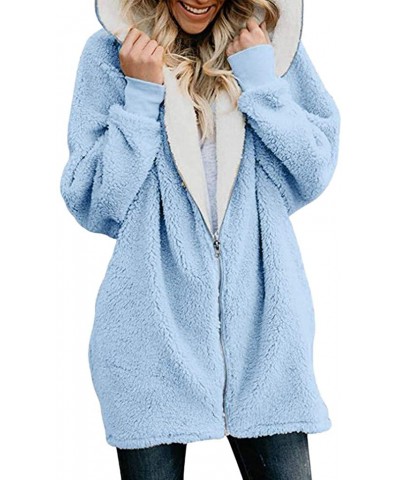 Women Winter Coats Plus Size Solid Zip Down Hooded Jacket Casual Loose Fluffy Coat Cardigans Outwear with Pocket - Aqua Blue ...