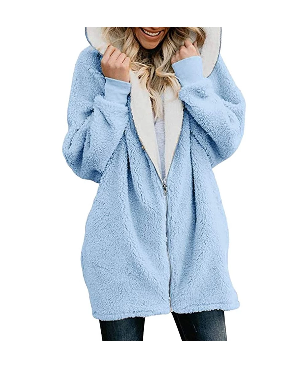 Women Winter Coats Plus Size Solid Zip Down Hooded Jacket Casual Loose Fluffy Coat Cardigans Outwear with Pocket - Aqua Blue ...