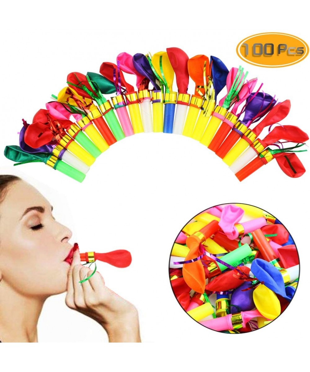 100pcs Multicolor Noisemakers Blowouts Party Horns with Balloons- Glitter Fringed Balloons Whistle- Party Whistles and Stream...