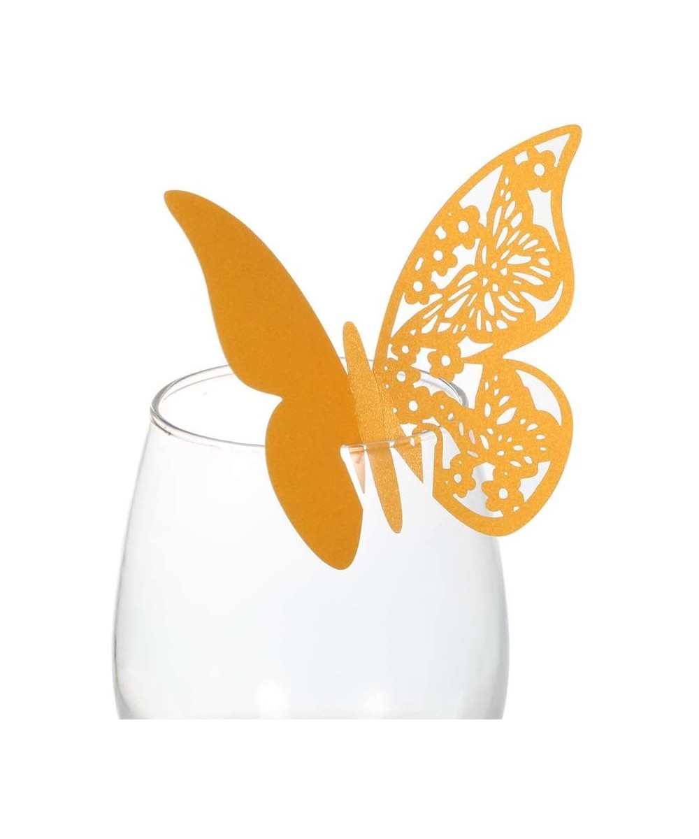 100 Pcs 3D Laser Cut Butterfly Wine Glass Cards Table Number Name Paper Place Cards for Wedding Party Decoration (Gold) - Gol...