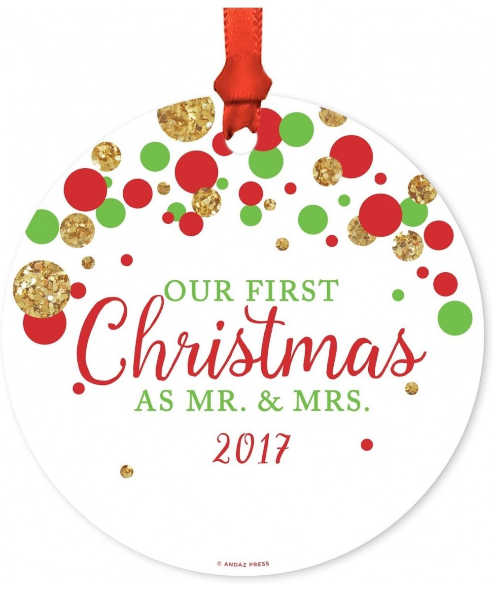 Custom Year Wedding Metal Christmas Ornament- Our First Christmas As Mr. and Mrs. 2020- Red Green Gold Glittering Big Polka D...