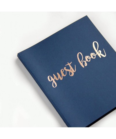 Photo Guest Book Wedding Guest Book- Modern Navy Cardstock Softcover- Flat-Lay Spiral 130 Navy pgs. Embossed Rose Gold Foil. ...