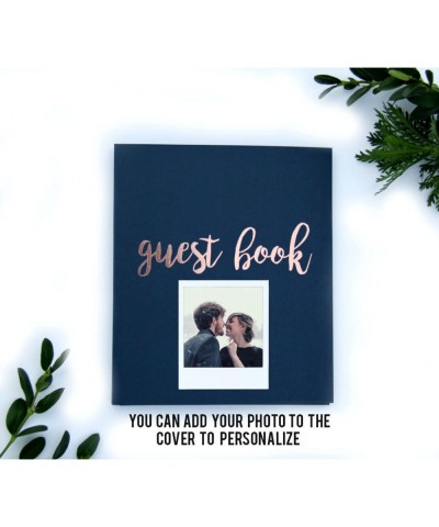 Photo Guest Book Wedding Guest Book- Modern Navy Cardstock Softcover- Flat-Lay Spiral 130 Navy pgs. Embossed Rose Gold Foil. ...