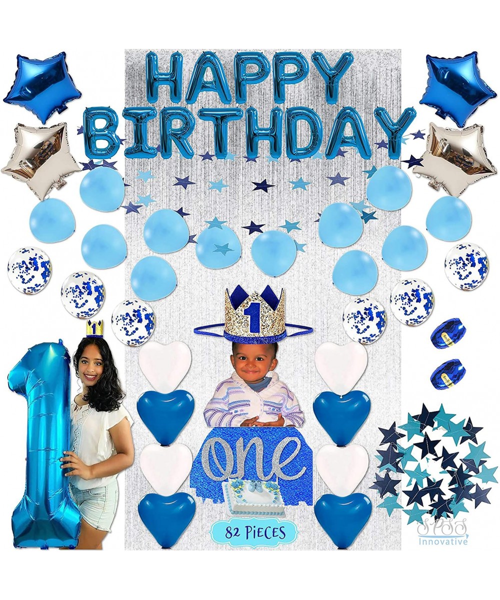 SPSS INNOVATIVE - Baby Boy 1st Birthday Decorations WITH Birthday Crown- First One Birthday Boy 82 Pieces blue- pearl- silver...