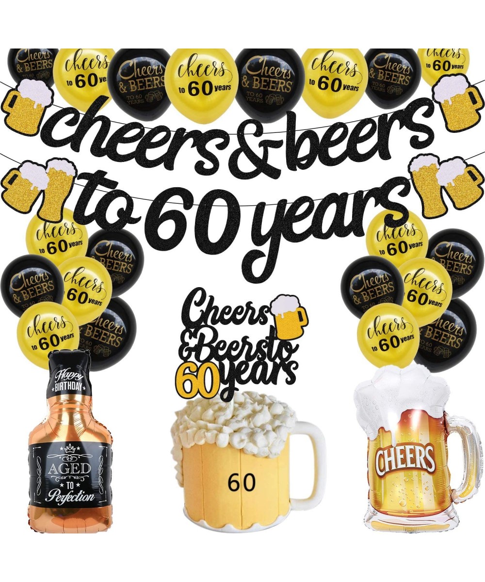 60s Birthday Decorations Cheers to 60 Years Banner sixty Cake Topper 35" Mug Foil Balloon 12" Black Gold Latex Ballon for Men...