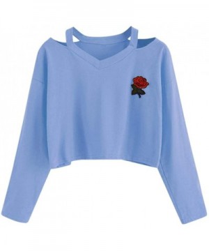 Women's Casual Floral Rose Print Long Sleeve Crop Tops Teen Girls Tops Sweatshirt Blouse Shirts - Blue - CC18H0AX4OM $9.67 Ba...