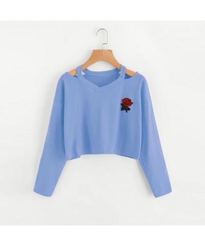 Women's Casual Floral Rose Print Long Sleeve Crop Tops Teen Girls Tops Sweatshirt Blouse Shirts - Blue - CC18H0AX4OM $9.67 Ba...