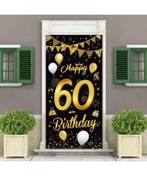 Happy 60th Birthday Party Decorative Door Cover Banner-Large Fabric Black and Gold Glitter Sign Birthday Photo Booth Backdrop...