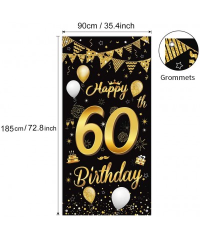 Happy 60th Birthday Party Decorative Door Cover Banner-Large Fabric Black and Gold Glitter Sign Birthday Photo Booth Backdrop...