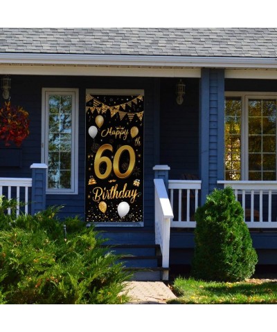 Happy 60th Birthday Party Decorative Door Cover Banner-Large Fabric Black and Gold Glitter Sign Birthday Photo Booth Backdrop...