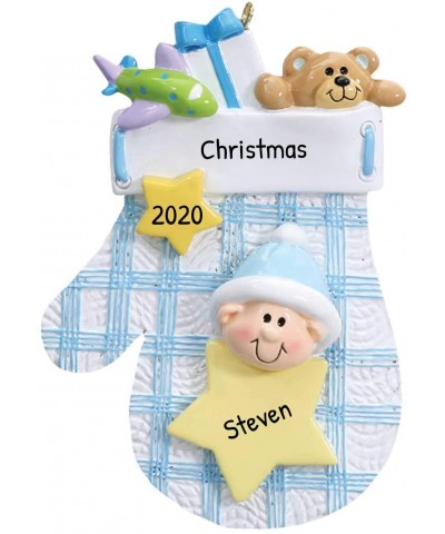 Personalized Baby Mitten Christmas Tree Ornament 2020 - Boy Blue Hat Present Plane Teddy Bear Toy Yellow Star New Mom Shower ...