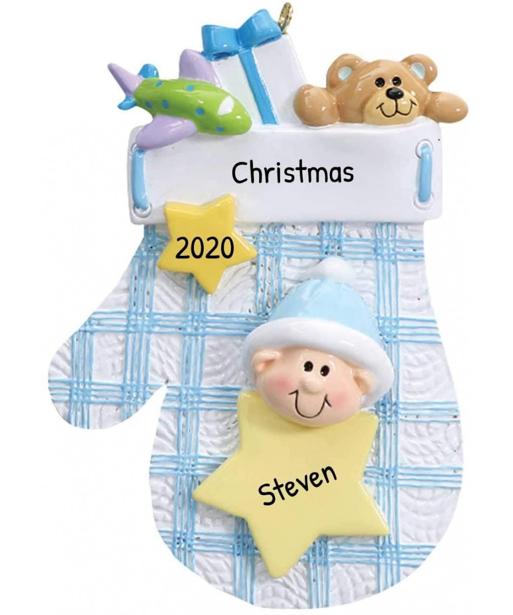 Personalized Baby Mitten Christmas Tree Ornament 2020 - Boy Blue Hat Present Plane Teddy Bear Toy Yellow Star New Mom Shower ...