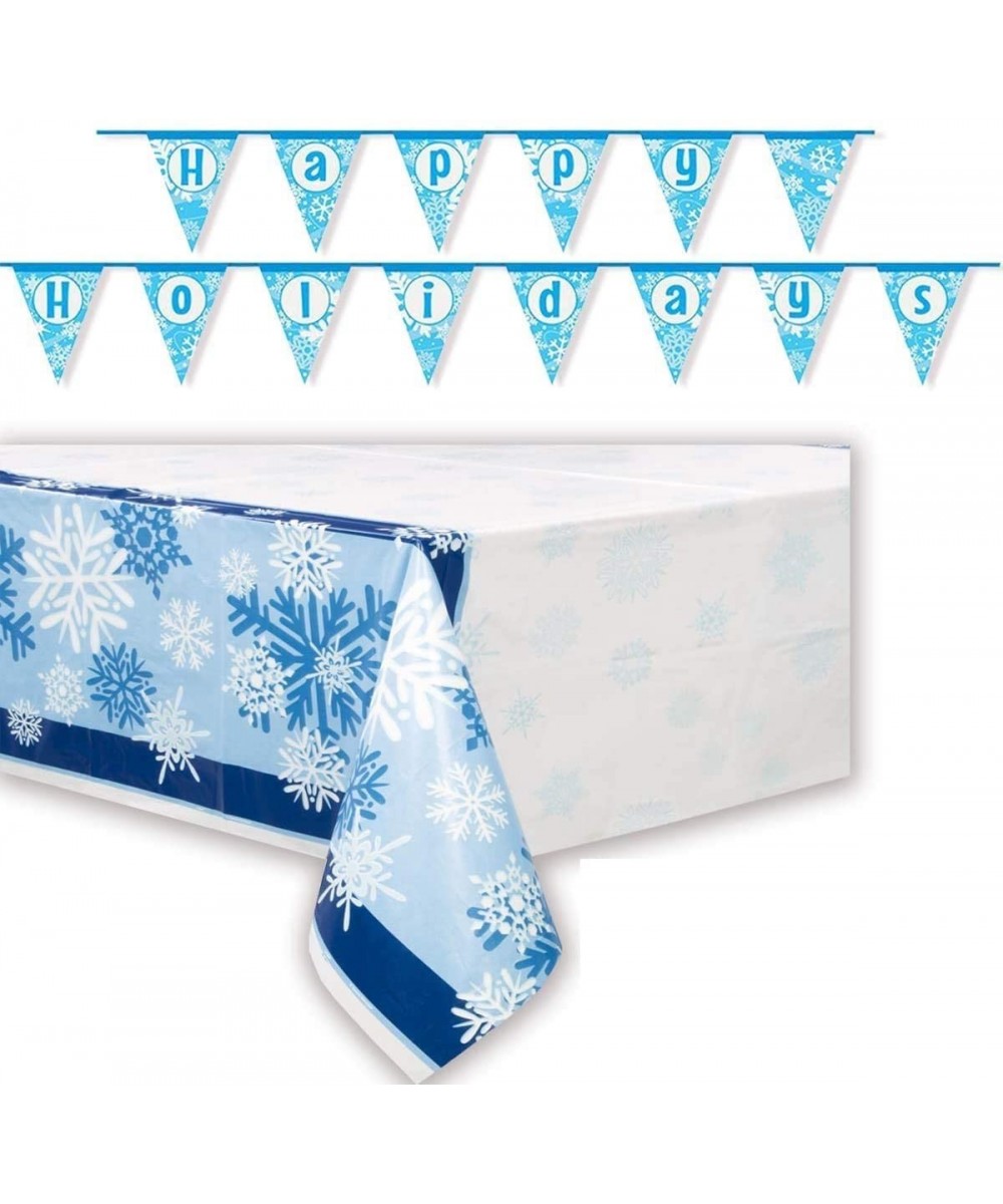 6 Snowflake Plastic Tablecovers + 1 Happy Holidays Banner - Disposable Tablecloths are 84 x 54 Each and Decoration is 14 feet...