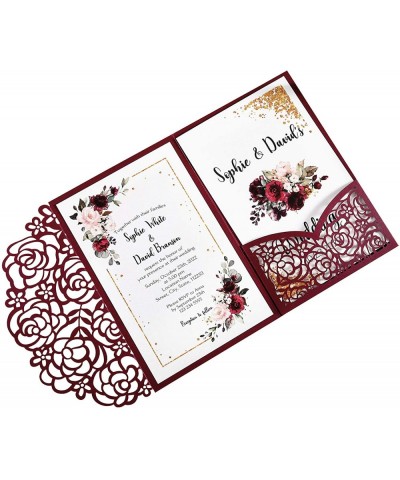 4.7 x7 inch 25PCS Blank Burgundy Wedding Invitations Kit Laser Cut Hollow Rose Pocket Wedding Invitation Cards with Envelopes...