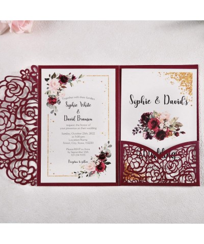 4.7 x7 inch 25PCS Blank Burgundy Wedding Invitations Kit Laser Cut Hollow Rose Pocket Wedding Invitation Cards with Envelopes...